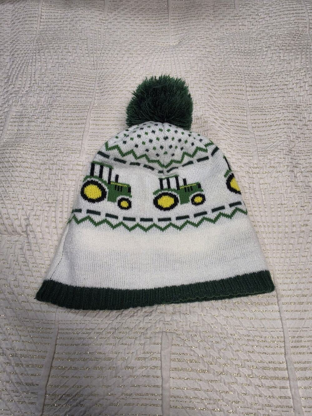 John Deere Toddler Boy Pompom Hat Beanie Tractors Blue Collar Wintergear Y2K